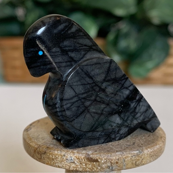 Zuni Crow Raven Fetish Clayton Panteah & Abby Quam Jasper Turquoise Heart Line - Picture 4 of 16